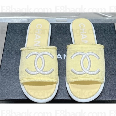 Chanel CC Logo Fabric Flat Mules Yellow 2024