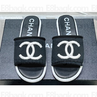 Chanel CC Logo Fabric Flat Mules Black 2024