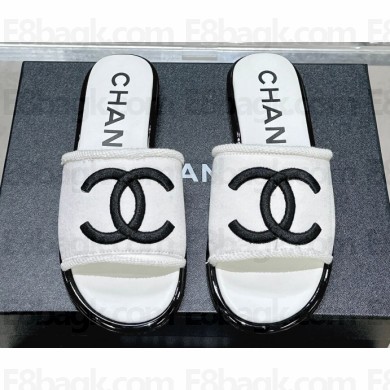 Chanel CC Logo Fabric Flat Mules White 2024