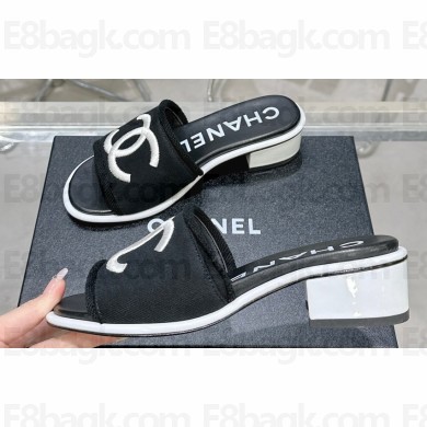 Chanel CC Logo Fabric Heel Mules Black 2024