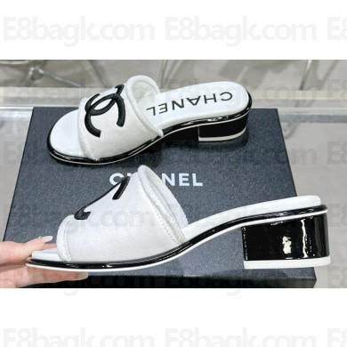 Chanel CC Logo Fabric Heel Mules White 2024
