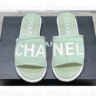 Chanel Logo Fabric Flat Mules Green 2024