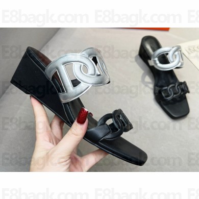 Cheap Sale Hermes Figari 55 sandals Black/Silver with Chaine d'Ancre straps