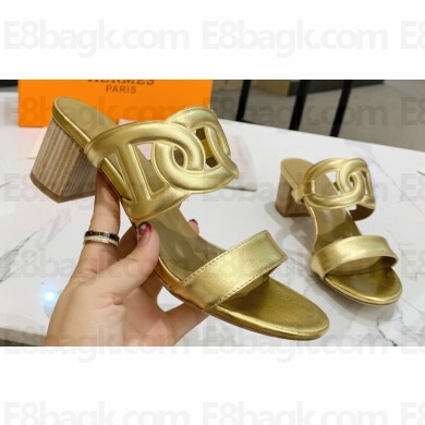 Cheap Sale Hermes Heel 5.5cm Bikini sandals Gold with oversized Chaine d'Ancre