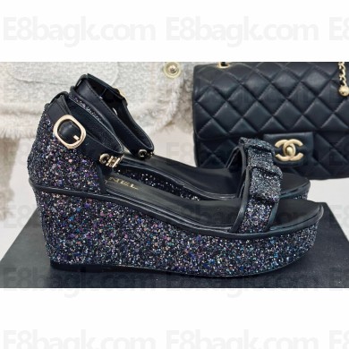 Chanel Crystal Bow Wedge Sandals Glitter Black 2024