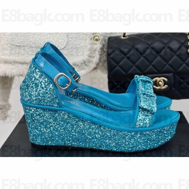 Chanel Crystal Bow Wedge Sandals Glitter Blue 2024