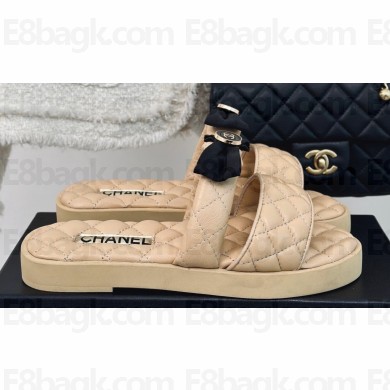 Chanel Lambskin Quilting and Bow Mules Beige 2024