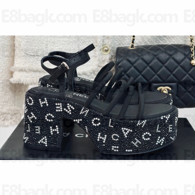 Chanel Calfskin Strass Heel tubular Wedge Sandals Black 2024