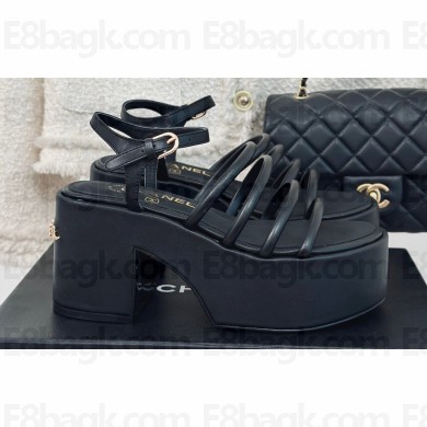 Chanel Calfskin tubular Wedge Sandals Black 2024
