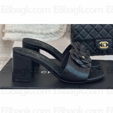 Chanel Heel 6.5cm Lambskin Mules with Camellia G45499 Black 2024