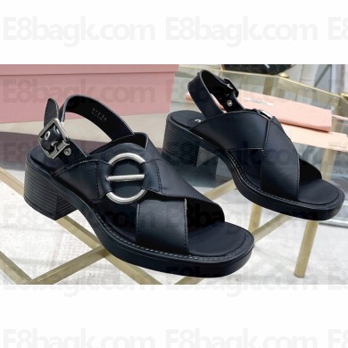 Miu Miu Heel 5cm Calfskin leather Sandals Black with Buckle 2024