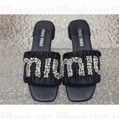 Miu Miu Matelassé Satin Heel slides Black with Crystal Logo 2024