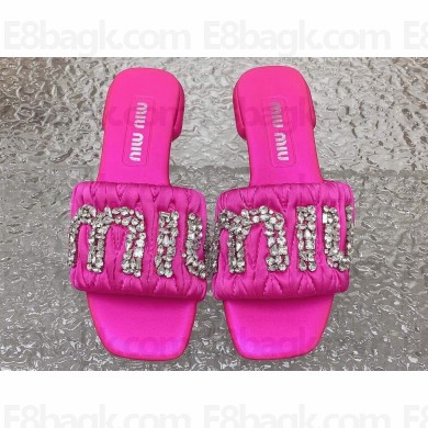 Miu Miu Matelassé Satin Heel slides Fuchsia with Crystal Logo 2024