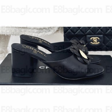 Chanel Heel 6.5cm Lambskin Mules with Camellia Black 2024