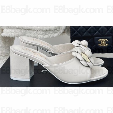 Chanel Heel 6.5cm Lambskin Mules with Camellia White 2024