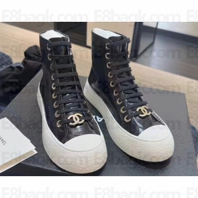 Chanel CC Logo Patent Calfskin High-top Sneakers G45561 Black 2024