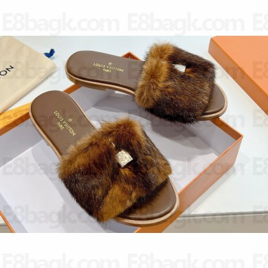 Louis Vuitton Mink Fur Lock It Flat Mules Coffee 2024