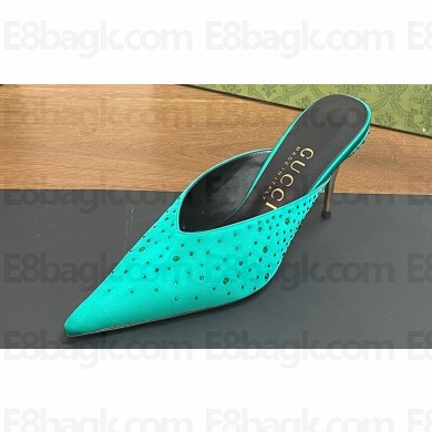 Gucci Heel 8.5cm crystal-embellished Satin Mules Green 2024