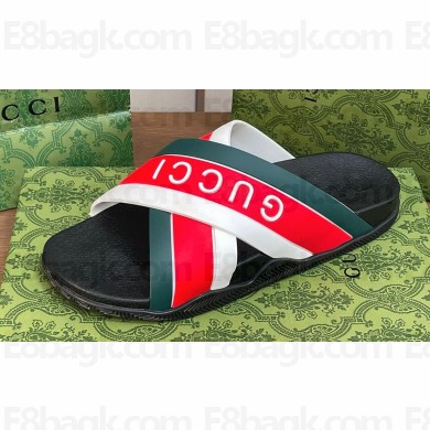 Gucci Criss-cross Rubber Women/Men Slide Sandals Logo White/Red/Green 2024