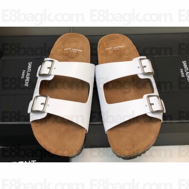 Saint Laurent Jimmy Buckled Calfskin Slide Sandals White 2024