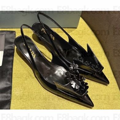 Prada Heel 4.5cm Brushed leather slingback pumps with floral appliques 1I317N Black 2024