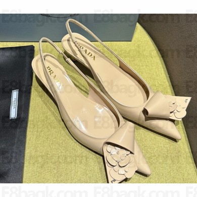 Prada Heel 4.5cm Brushed leather slingback pumps with floral appliqués and Architectural details Beige 2024