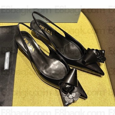 Prada Heel 4.5cm Brushed leather slingback pumps with floral appliqués and Architectural details Black 2024