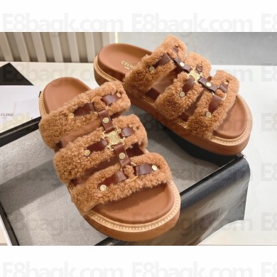 Celine Tippi Slides In Shearling And Calfskin Brown 2024