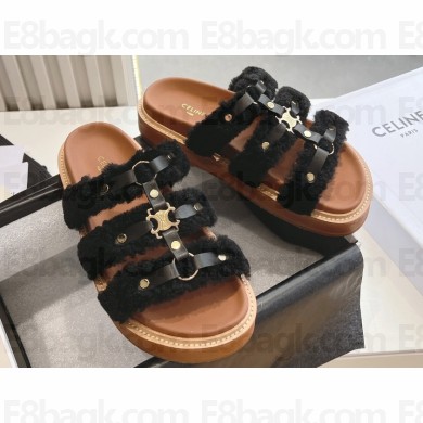 Celine Tippi Slides In Shearling And Calfskin Black 2024