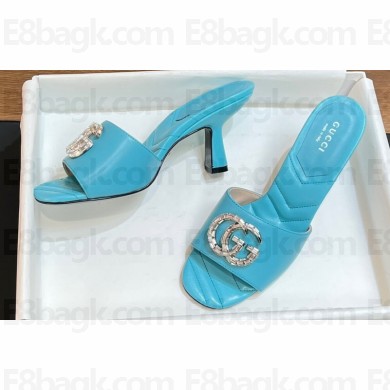 Gucci Heel 7.5cm Women's Slides with Crystal Double G in Leather Blue 2024