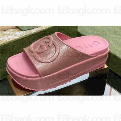 Gucci Women/Men platform Rubber slide sandals with Interlocking G Metallic Pink 2024
