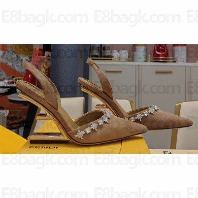Fendi First high-heeled 9cm slingbacks Satin Beige with crystals 2024