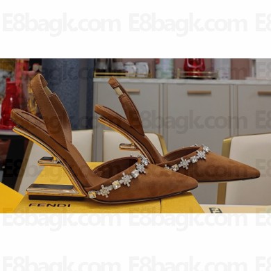 Fendi First high-heeled 9cm slingbacks Satin Brown with crystals 2024