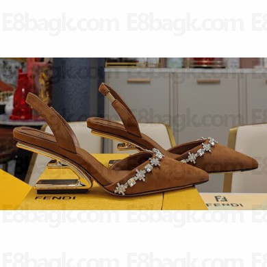 Fendi First high-heeled 7cm slingbacks Satin Brown with crystals 2024