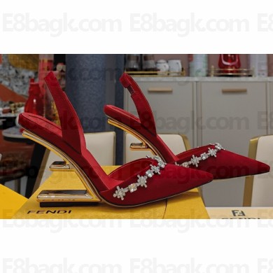Fendi First high-heeled 9cm slingbacks Satin Red with crystals 2024