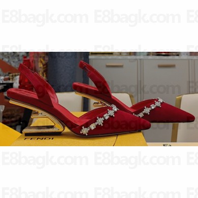 Fendi First high-heeled 7cm slingbacks Satin Red with crystals 2024