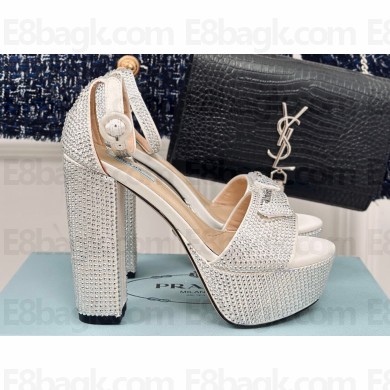 Prada Heel 14cm Platform 4cm Satin sandals with crystals 1XP53B White 2024