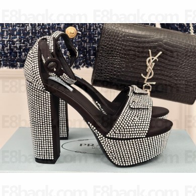 Prada Heel 14cm Platform 4cm Satin sandals with crystals 1XP53B Black 2024