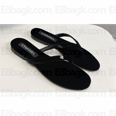 Chanel Crystal CC Logo Thong Sandals Velvet Black 2024