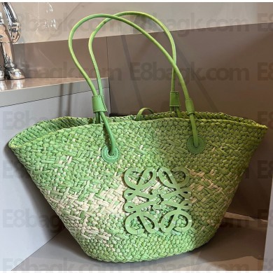 Cheap Sale Loewe Raffia Straw and Leather Anagram basket bag Light Green/White 2024