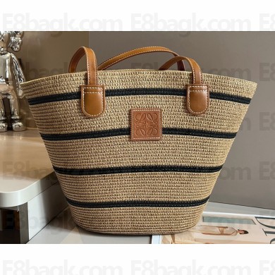 Cheap Sale Loewe Raffia Straw and Leather Logo Tote bag Stripe Beige 2024
