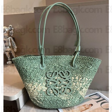 Cheap Sale Loewe Raffia Straw and Leather Anagram basket bag Cyan/White 2024