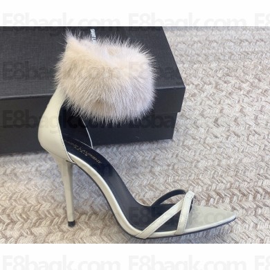 Saint Laurent Heel 10cm Mink Fur Gippy Sandals in Leather White 2024