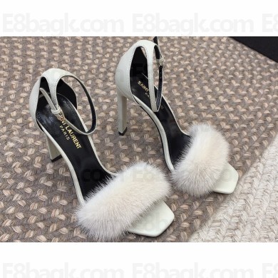 Saint Laurent Heel 9.5cm Mink Fur Bea Sandals Leather White 2024