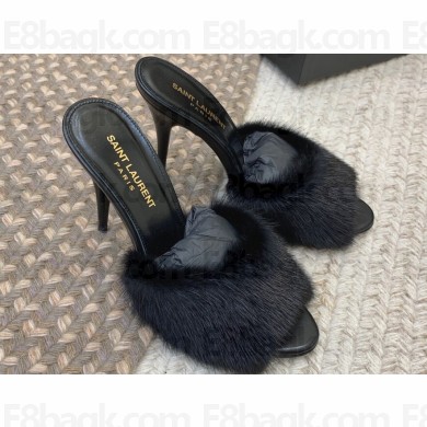 Saint Laurent Heel 9.5cm La 16 Mules in Animal Fur Black 2024