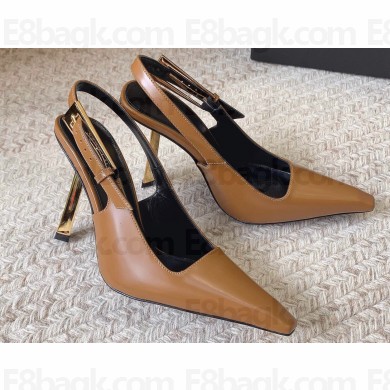 Saint Laurent Heel 11cm lee slingback pumps in glazed leather 763421 Brown 2024
