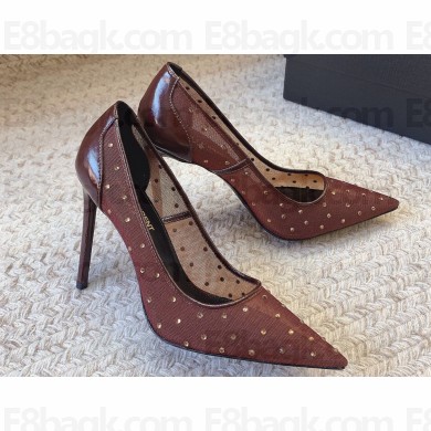 Saint Laurent Heel 11cm anja pumps in rhinestone mesh 755099 Burgundy 2024