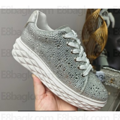 Jimmy Choo Diamond Maxi/F Leather Trainers Sneakers White/Silver with All Over Crystals and Platform Sole 2024