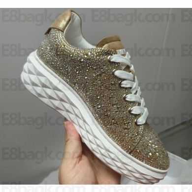 Jimmy Choo Diamond Maxi/F Leather Trainers Sneakers White/Gold with All Over Crystals and Platform Sole 2024