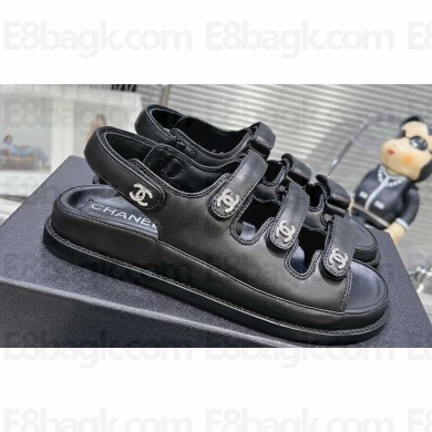 Chanel Crystal CC Logo Beach Sandals Black 2024